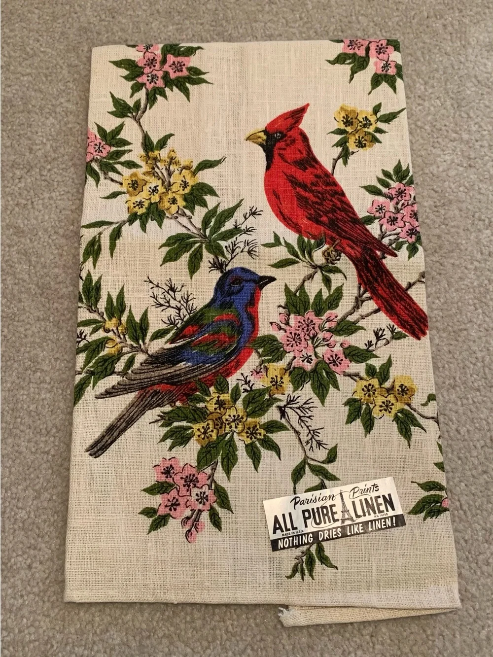 Vintage NWT MCM “Parisian Prints” Pure Linen Tea Dish Towel Cardinal Birds